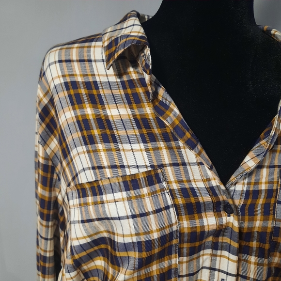 Rachel Roy Long Sleeve Navy Blue Dark Yellow Plaid BF Style Button Up Shirt - Picture 10 of 13